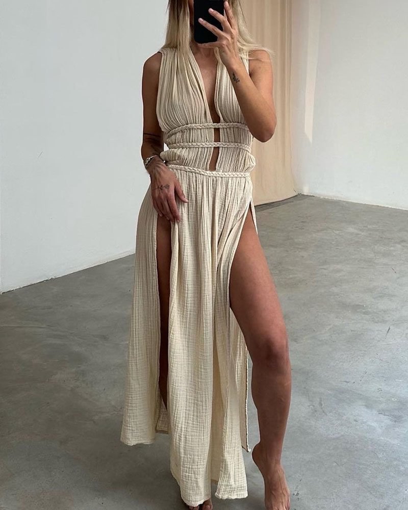 245g Weight Maxi Long Dress Dress Length Type Sleeveless Sleeve Length Tank Dress Dresses Type Linen Fabric Type Mid Waist Waist Line Holiday, Daily Occasion Deep V Neckline Regular Fit Fit Type Solid Color Pattern Summer Season Women's Gender Streetwear Style Wholesale Women's Streetwear Solid Color Holiday Daily Deep V Sleeveless Tank Dress 1
