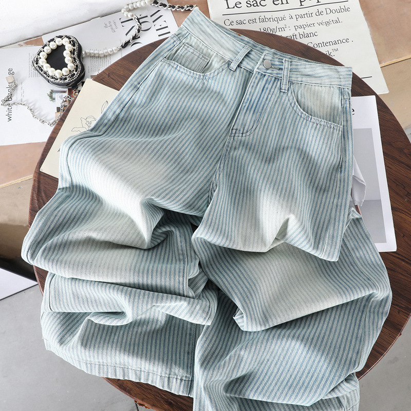 Light-Colored Striped Wide-Leg Jeans for Women, 2026 Spring and Autumn New High-Waisted Loose Slimming Straight-Leg Versatile Floor-Length Pants