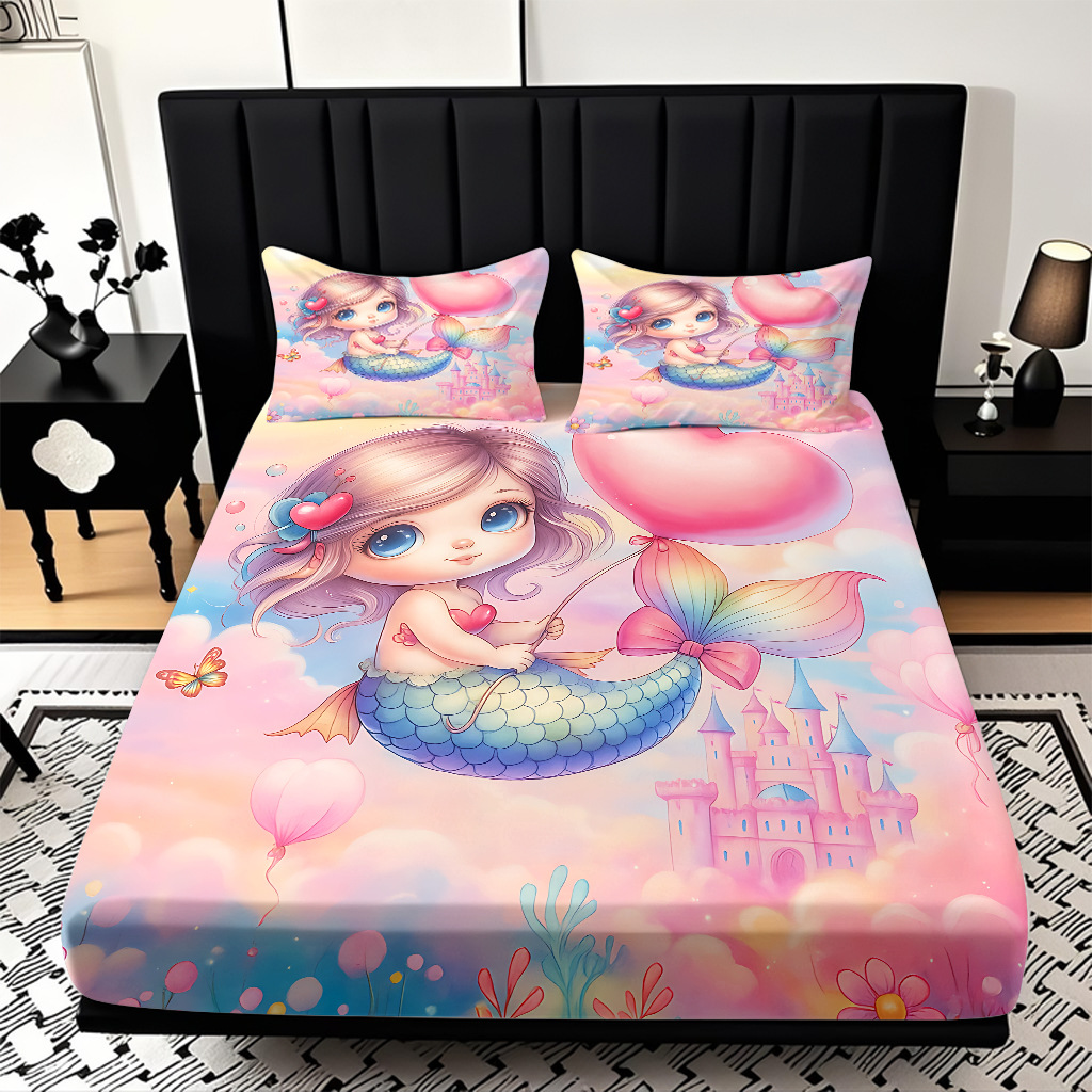 JIT modo Temu 3D impresión de caricatura sirena cama textil casera camisa ropa de cama tres piezas set transfronterizo mayorista