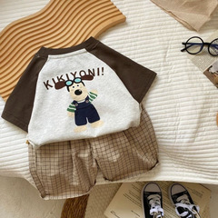Children's Summer Short Sleeve Set with Cartoon Insert Shoulder Collar Top and Baby Korean Style Check Shorts Two-Piece Set Trendy