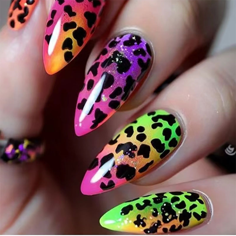 Pointed Long False Nails with Colorful Gradient Leopard Print, Specialized Nail Stickers for Fingernails, Wholesale Finished Products Pointed Long False Nails with Colorful Gradient Leopard Print, Specialized Nail Stickers for Fingernails, Wholesale Finished Products