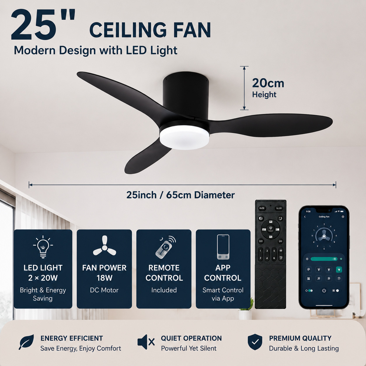Lámpara Ventilador de Techo Inverter de Plástico ABS Silencioso con Control Remoto para Sala de Estar y Dormitorio