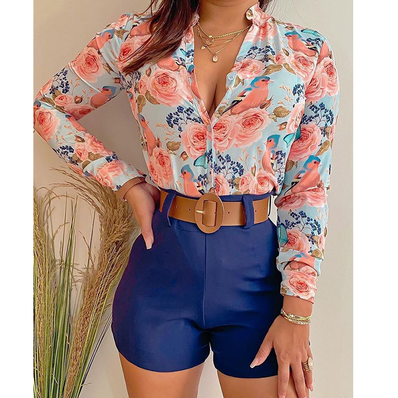 Conjunto de camisa de manga larga con estampado floral y pantalones cortos NSXPF103325