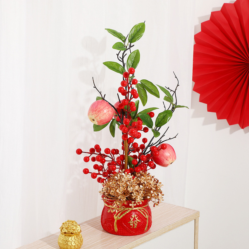 創意的なお祝いの福袋の花瓶のお正月の花のシミュレーションの花の金持ちになるザクロの果実の置物の新春の家の装飾の抱っこの桶|undefined