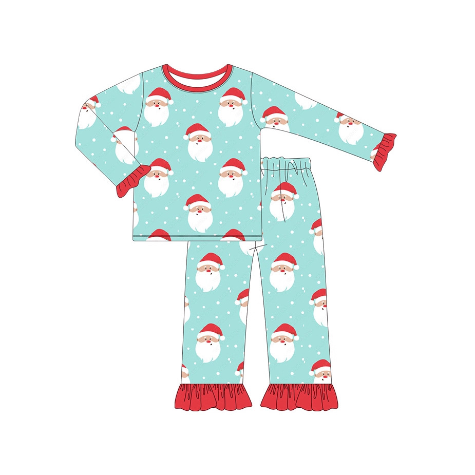 新款欧美精品店童装外贸批发蓝色圣诞老人印花女孩圣诞节睡衣套装