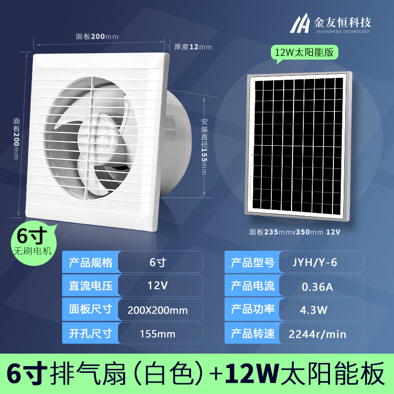 브러시리스 - 흰색 원형 6인치 12V 팬 + 12W 태양광 패널