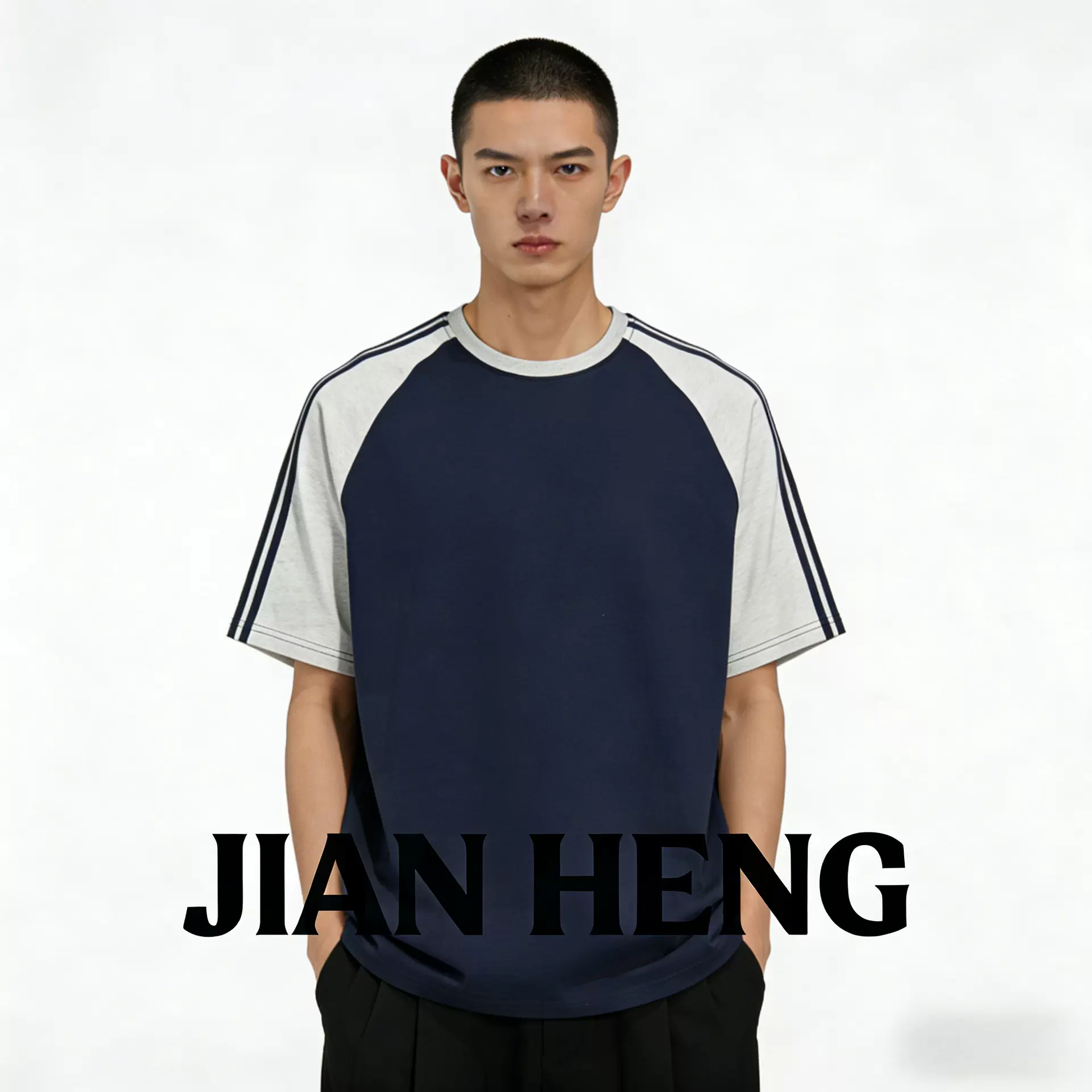 简恒夏季新款潮牌插肩短袖男士宽松条纹情侣拼接青少年五分袖T恤