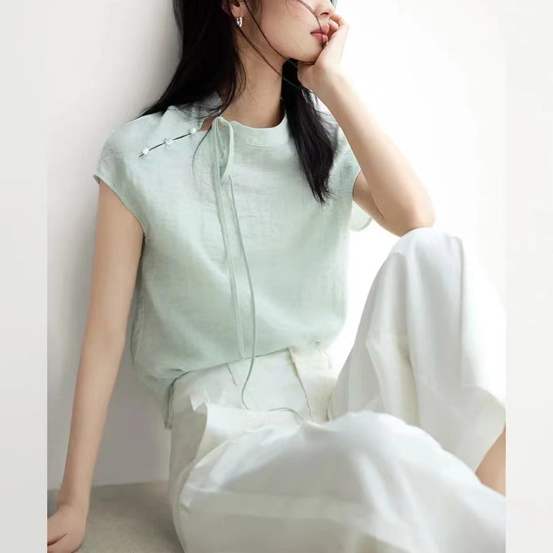 24 Summer National Style Slant Placket Button Lace-up Design Top Women's Mogo Fish Yuan Innovation Chinese Style Sleeve Round Neck Shirt