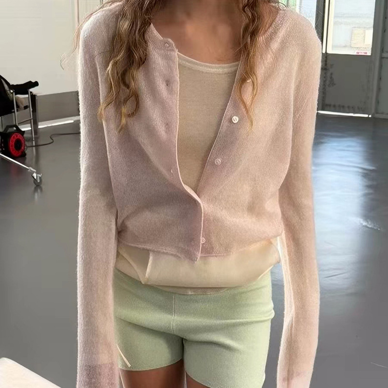 Gentle Light Pink Misty Texture Thin Versatile Soft and Unique Korean Style Spring and Summer Knitted Short Long-Sleeve Cardigan