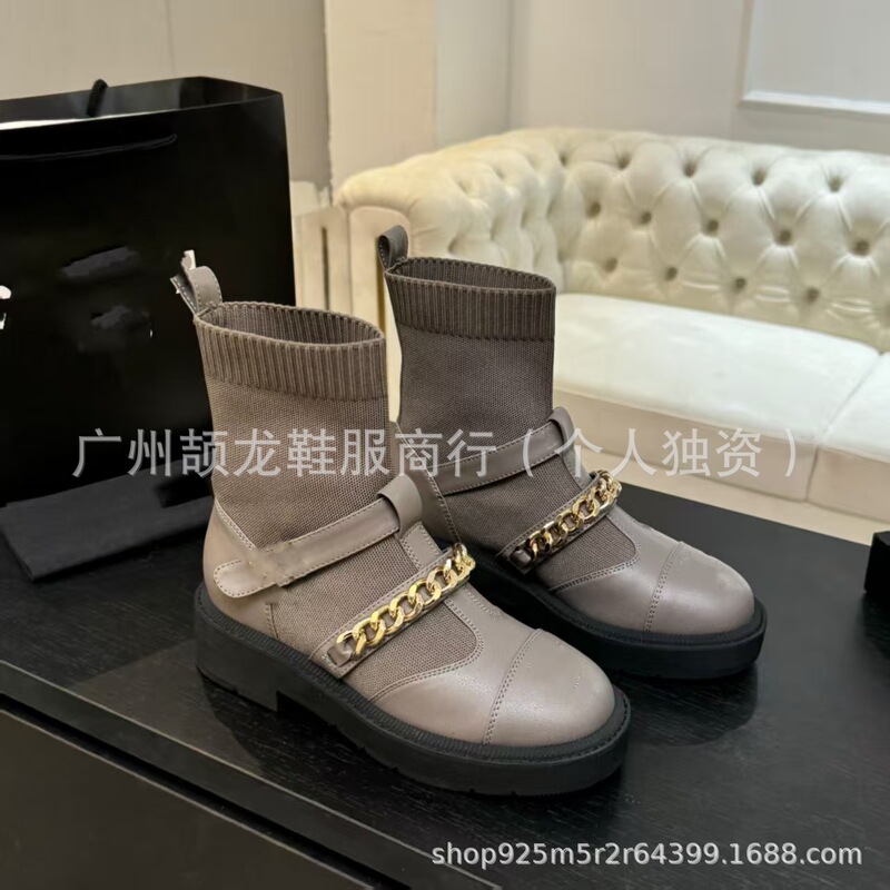 高端2025新款小香风真皮圆头金属扣链条厚底针织弹力瘦瘦靴短靴女|undefined