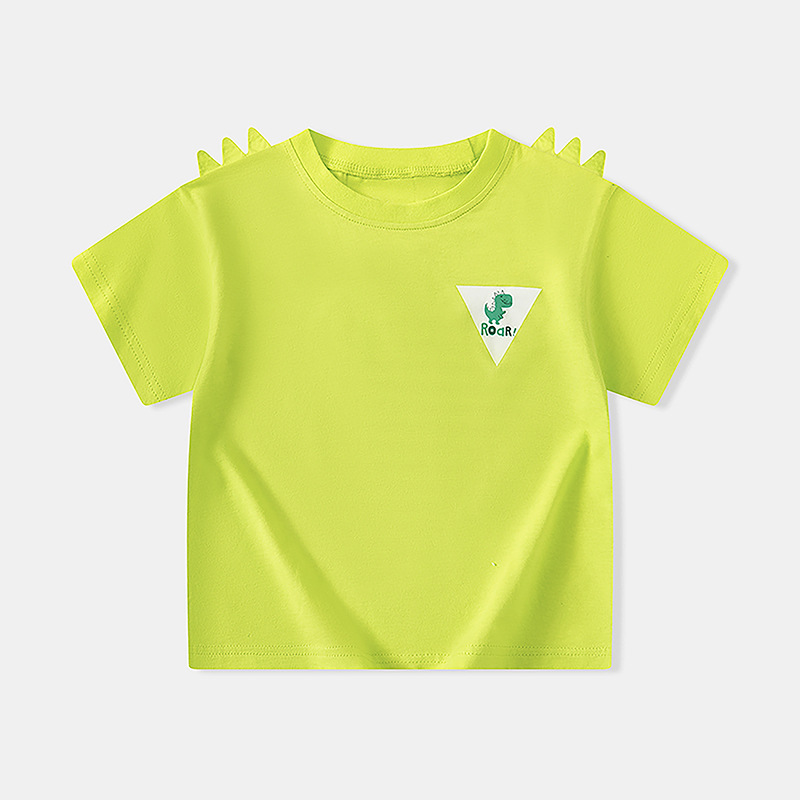 Betop ropa infantil transfronteriza al por mayor verano nuevo estilo niños camiseta de manga corta dibujos animados dinosaurio estampado delantero y trasero manga de hombro caído