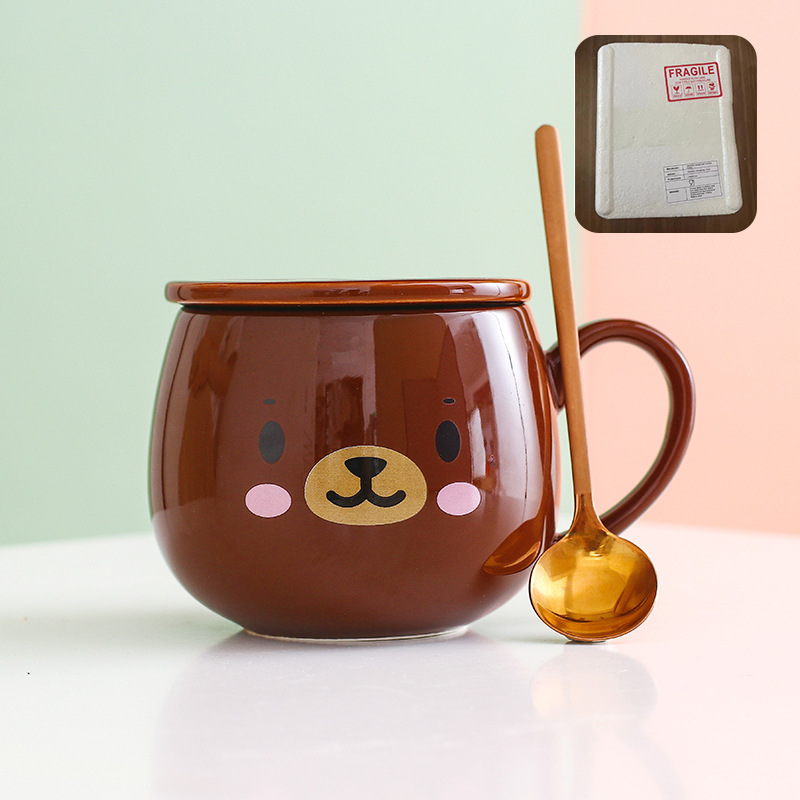 Taza de cerámica para parejas con tapa y cuchara, taza de café creativa de dibujos animados, taza de leche, taza personalizada creativa, linda y divertida