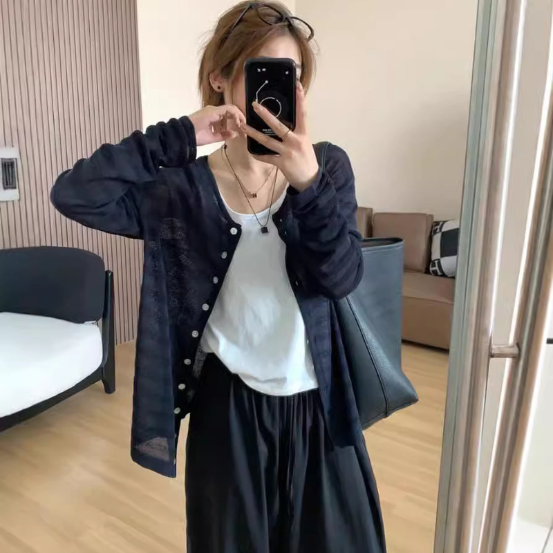 Early Autumn Lazy Linen Knitted Shell Button Cardigan Women's Striped Jacquard Tencel Crewneck Jacket Slim-fit All-match