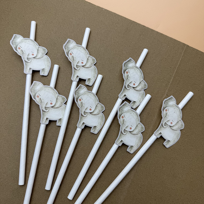 Animal transfronterizo elefante tarjeta de papel paja desechable degradable postre cóctel fiesta paja decoración