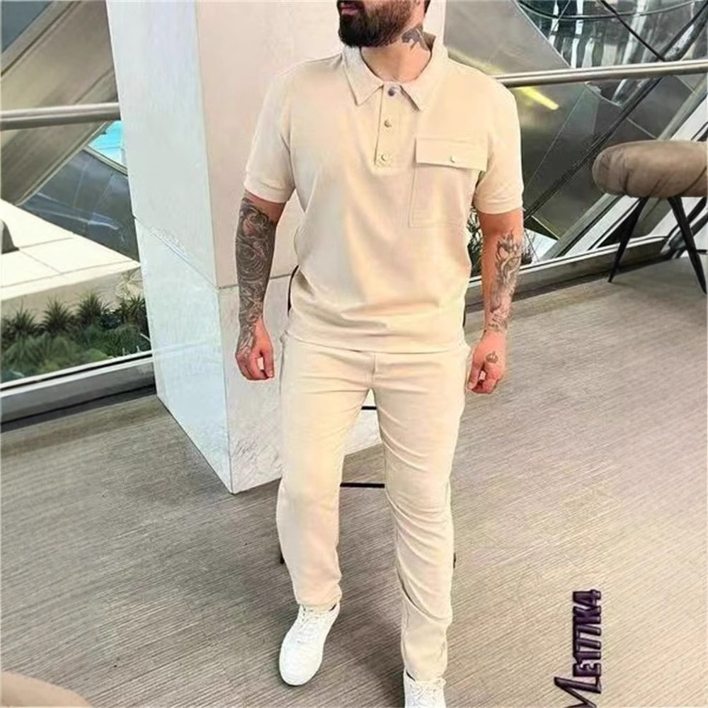 Herren-Sportanzug mit Taschen, kurzen Ärmeln und langer Hose für den Herbst – lässig und trendig_voghion.com