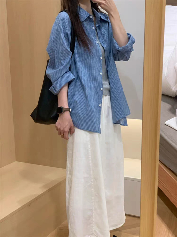 韩系蓝色格子长袖防晒衬衫外套女夏季新款宽松百搭慵懒风外搭上衣|undefined
