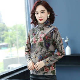 妈妈装2025秋冬新款印花时尚加绒打底衫大码女装高领百搭长袖T恤