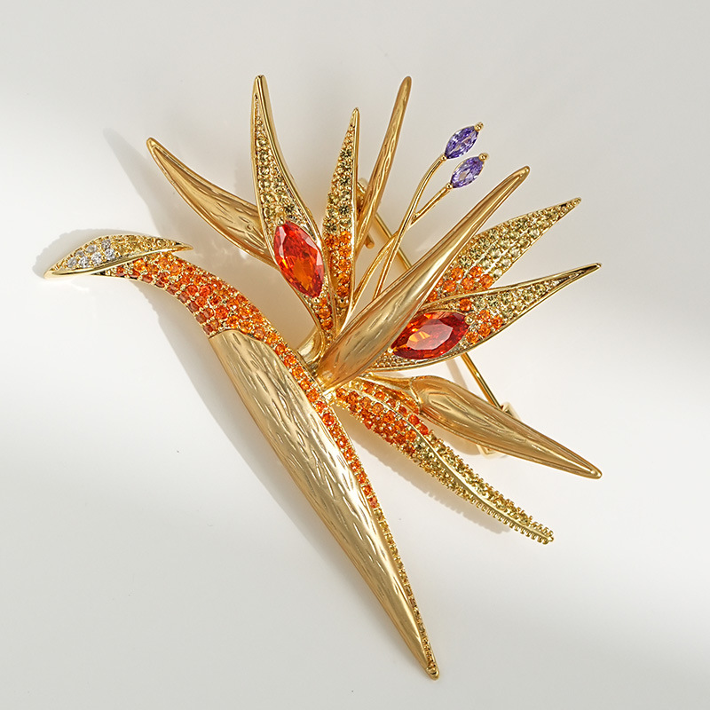 Neue chinesische Paradiesvogel-Blumen-Paradiesvogel-Brosche, Kupfer-Zirkon-Design, Mantel-Brosche_voghion.com