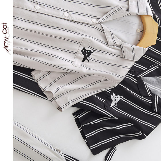 Mi Xi Cat Man Cotton Satin Striped Cat Embroidered Pocket Short Sleeve Trousers suit Korean Style Home T