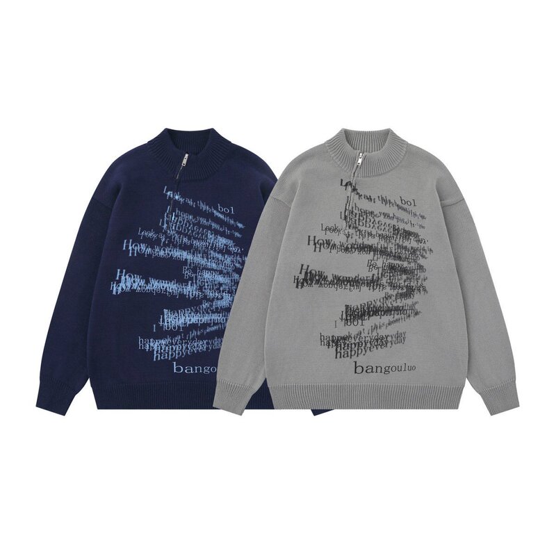 Vintage Letter Print Half-Zip Stand Collar Sweater American Style Unisex Autumn/Winter New Knitwear Boxy Short Wide Fit