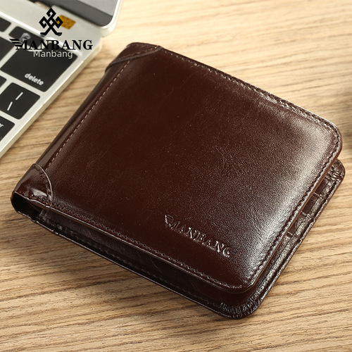 Cross-border dropshipping Manbang Men's Wallet Horizontal Top-Grade Calfskin Card Holder Classic Short Fold RIFD Anti-Scramble