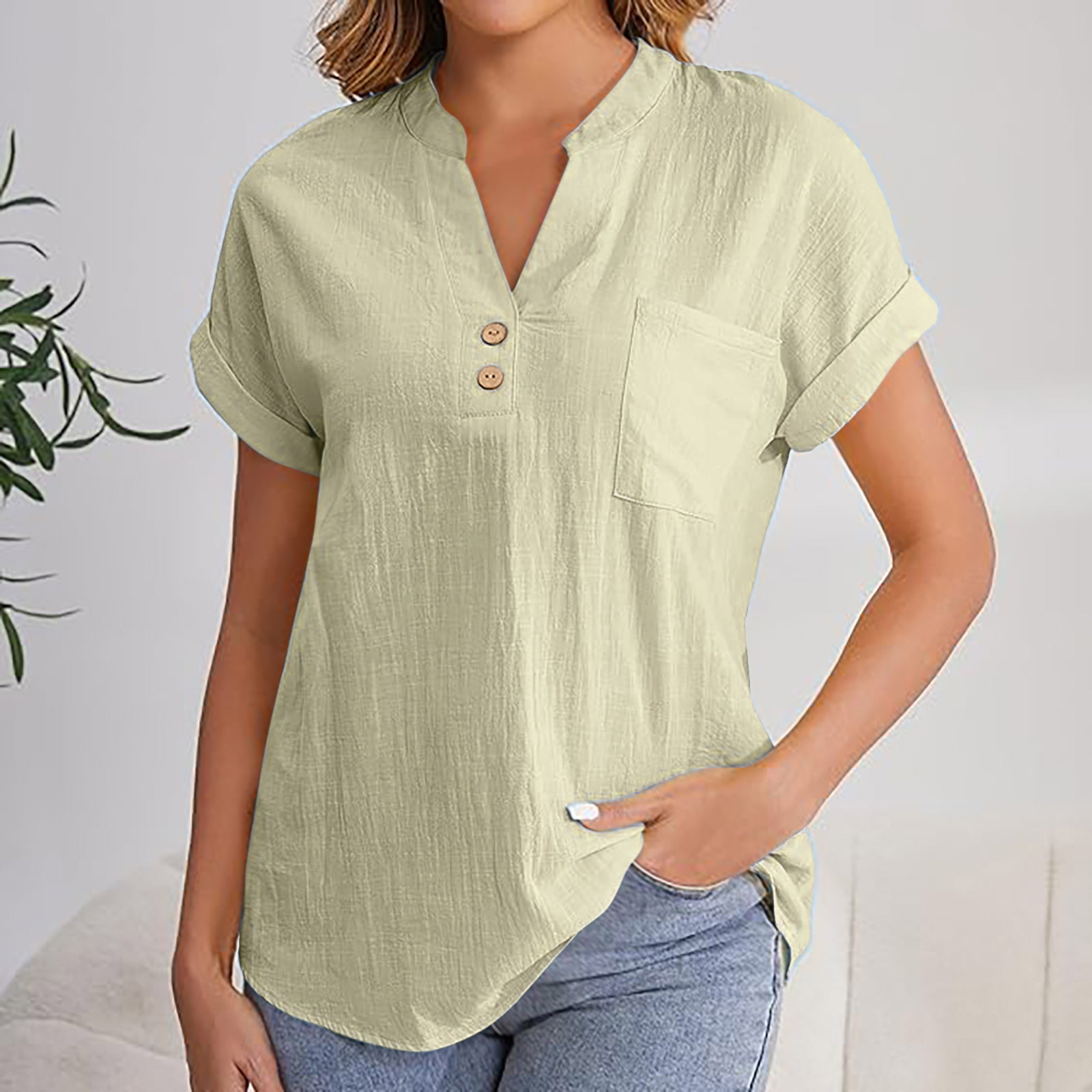 2025 European American Summer Solid Color Buttoned Short-sleeve Women's Shirt, Cotton-linen, Washed, Wrinkled,_ecoleips.com