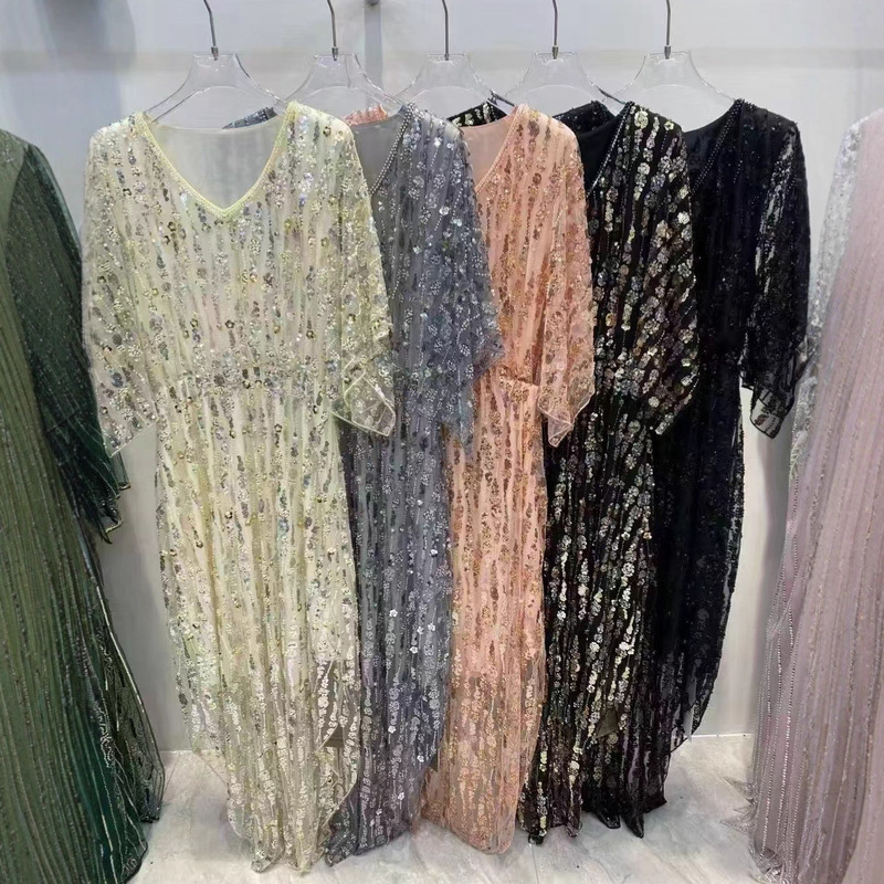 Foreign Trade Heavy Industry Embroider Beaded Sequin Dress Long Skirt for Women 2025 New V-Neck High-End Elegant Dress