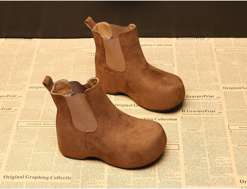 Boot Chelsea nữ cổ thun đế dày tăng chiều cao lót lông cừu mùa thu đông — Màu nâu chi tiết 5