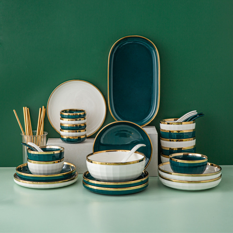 Nordic Light Luxury Emerald Green Ivory White Gold-Edged Diamond Pattern Ceramic Dinnerware Set Home-Use Bowls and Plates Housewarming Gift Nordic Light Luxury Emerald Green Ivory White Gold-Edged Diamond Pattern Ceramic Dinnerware Set Home-Use Bowls and Plates Housewarming Gift