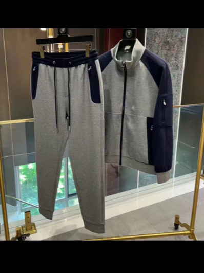 New Men's Autum High-End Stitching Contrasting Color Casual Suit Trendy Fashion Sports Handsome Jacket and Sweatpants Complete Set 4