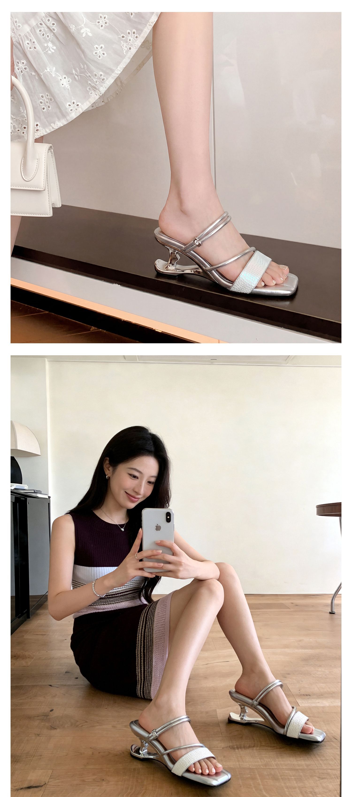 Sandal cao gót nữ quai mảnh mũi vuông hở mũi, gót dị hình, có thể xỏ kiểu một dây hoặc hai dây — màu vàng, bạc chi tiết 19
