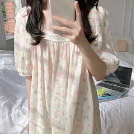 韩国ins女士夏季新品韩系简约舒适花边睡衣休闲宽松睡裙家居服女