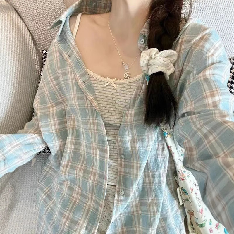 Spring and Autumn Dopamine Plaid Shirt Loose Sun Protection Thin Jacket Casual Lazy Shirt Long-Sleeved Top Cardigan Spring and Autumn Dopamine Plaid Shirt Loose Sun Protection Thin Jacket Casual Lazy Shirt Long-Sleeved Top Cardigan