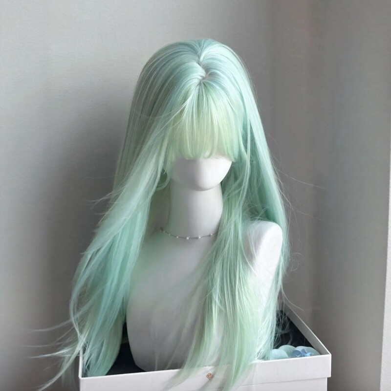 【First Bud Smoke Rain】Mint Green Wig for Women, Sweet and Cute, with Bangs, Long Straight Hair, Realistic Full Wig