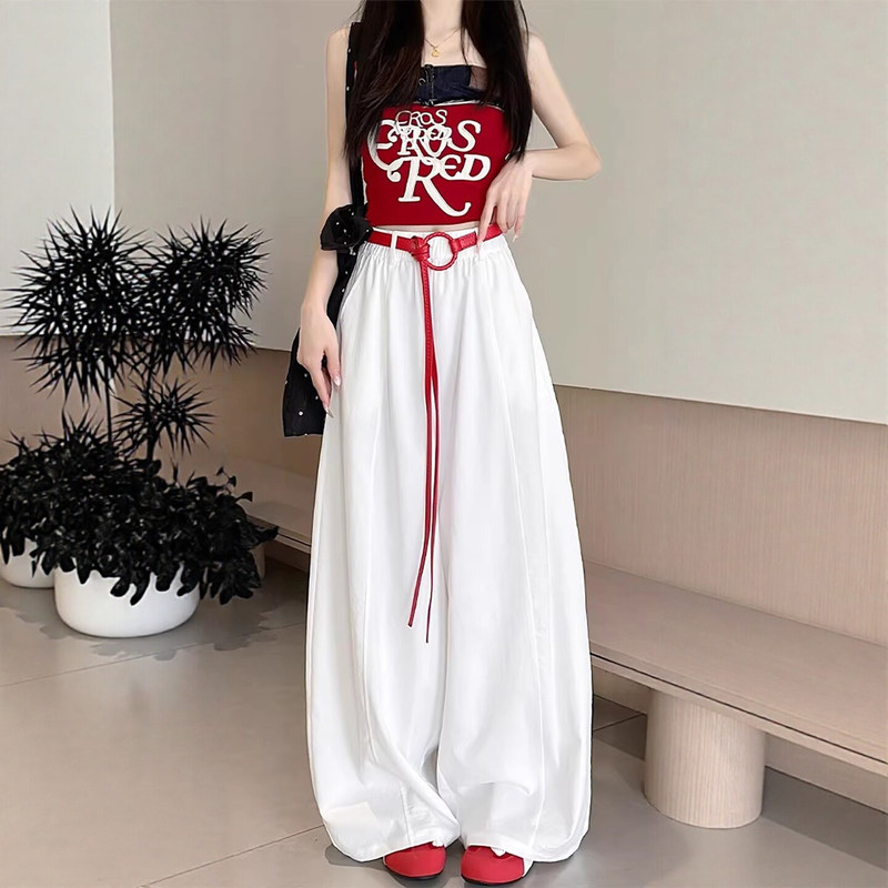 American-Style White Curved-Leg Pants for Women, Summer Thin 2026 New Model, Loose Versatile Sports Casual Workwear Wide-Leg Pants