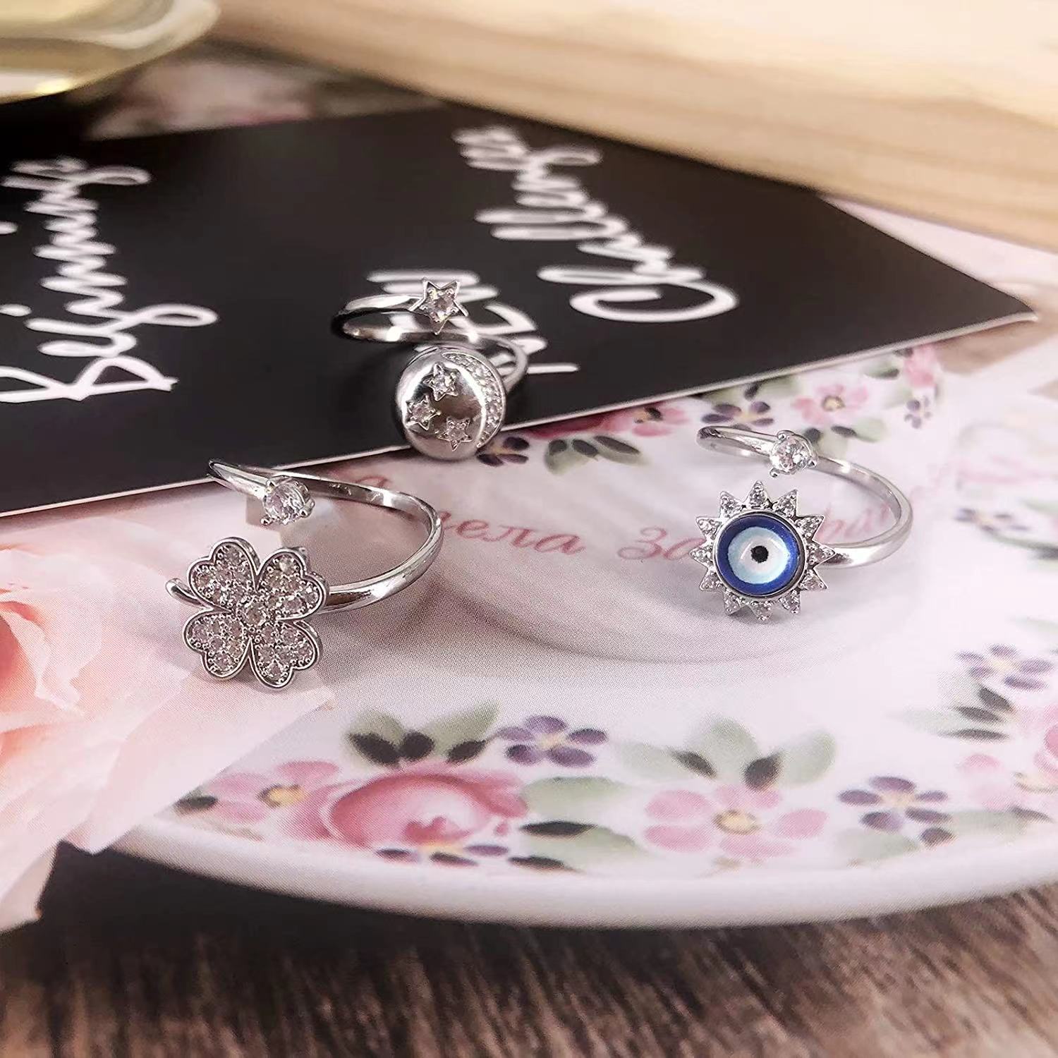 Fashion Devilu0027S Eye Star Moon Copper Inlay Zircon Rings