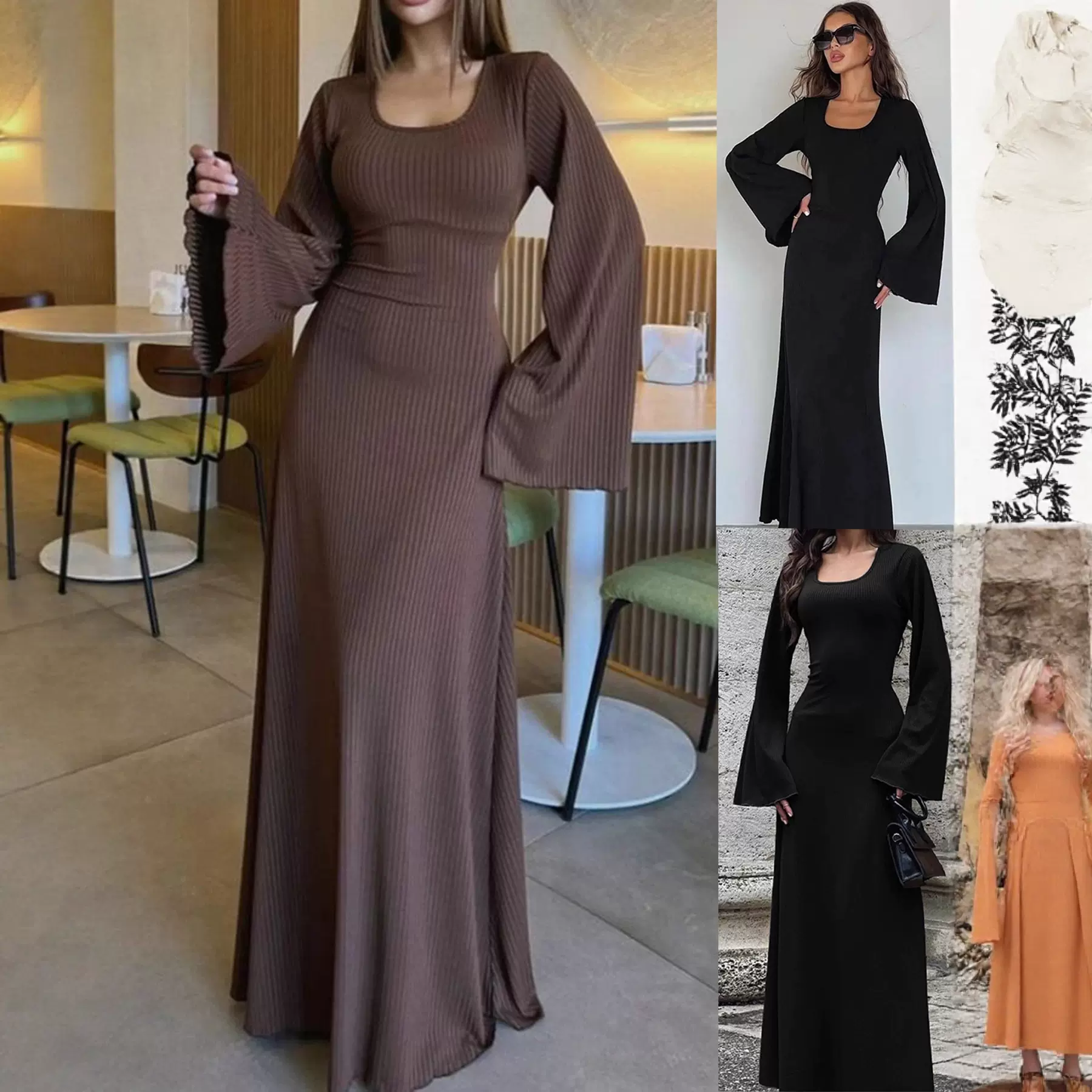 2025欧美春秋优雅女士方领喇叭袖长袖连衣裙气质修身收腰显瘦长裙