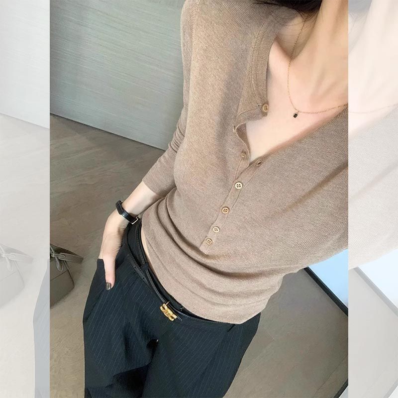 高级感V领针织打底衫女2025秋冬季修身内搭复古毛衣上衣半开领|undefined