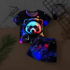 2024跨境新款儿童睡衣男孩夏季薄款卡通带夜光效果熊猫印花家居服