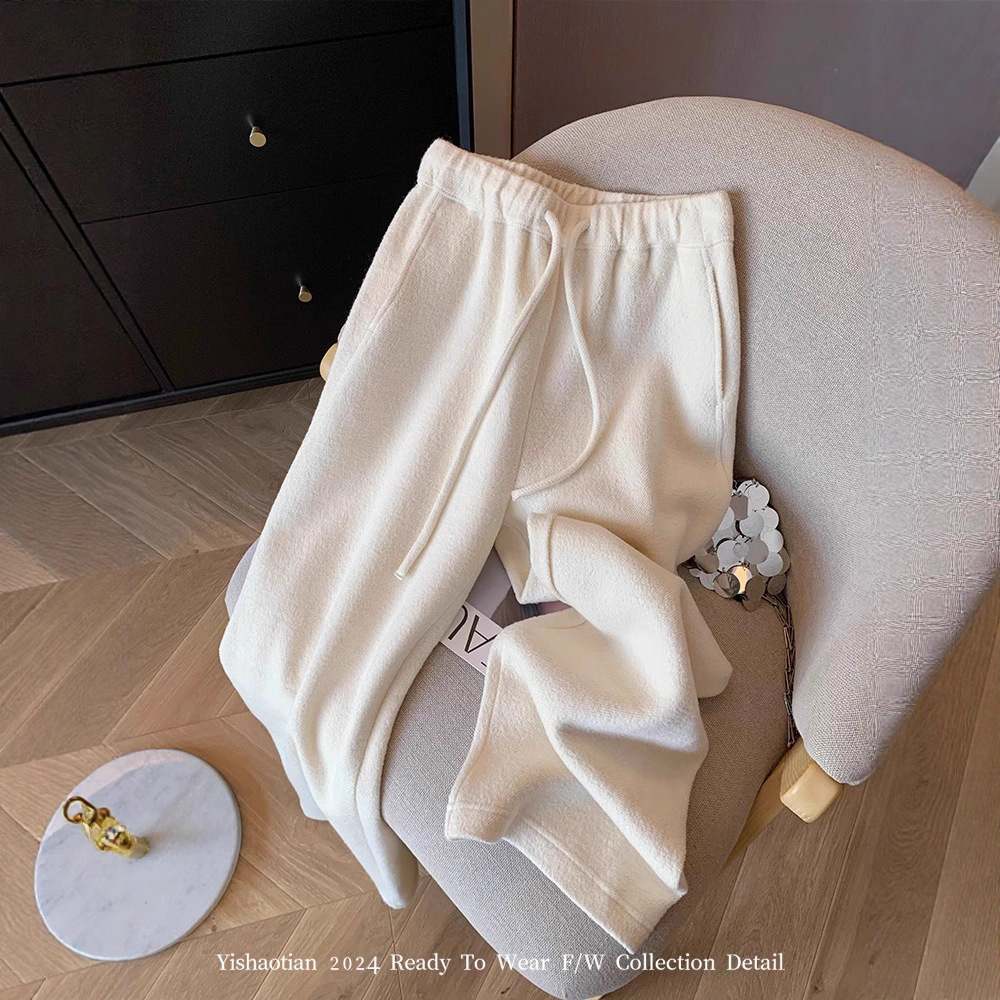 白色软糯毛呢阔腿裤女2025秋冬新款慵懒风宽松显瘦直筒抽绳毛巾裤