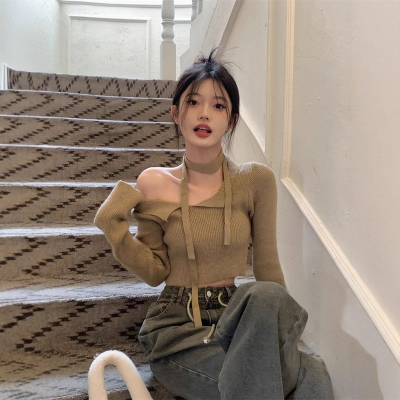 辣妹短款露肩长袖针织衫女秋季纯欲修身显瘦毛衣小众别致洋气上衣|undefined