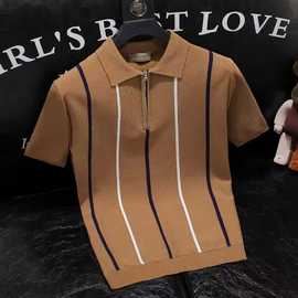 美式撞色条纹针织衫短袖男夏季透气款式休闲百搭高级保罗衫亚马逊