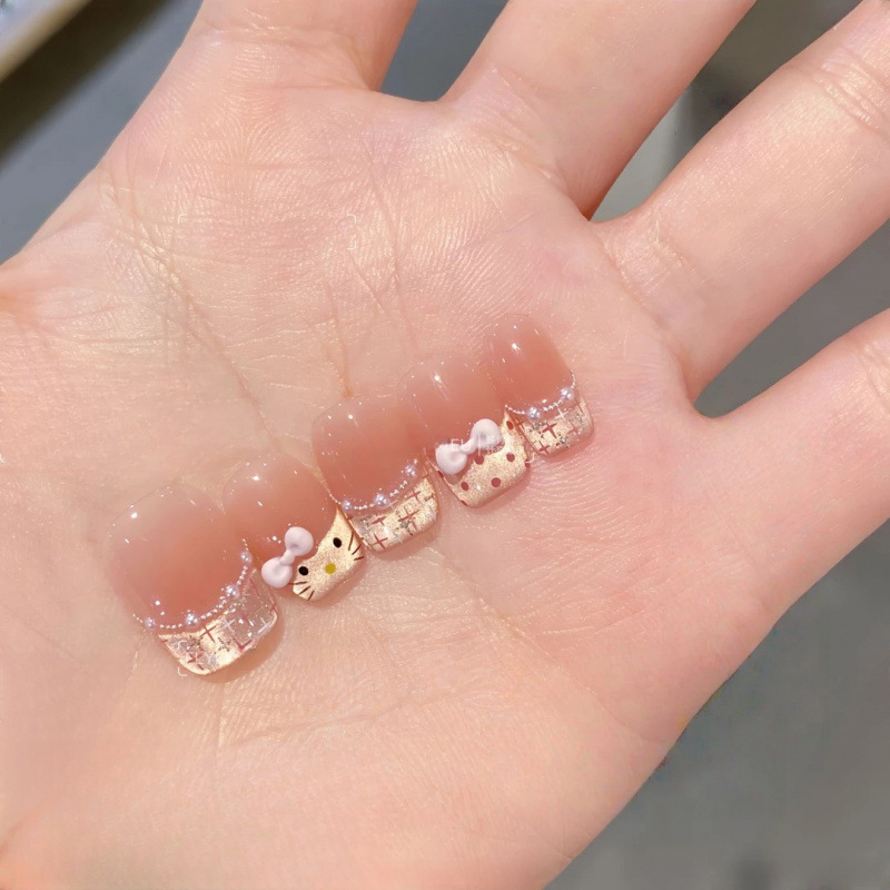 (First Love Kt) Purely Handmade Manicure Patches for Early Spring, Cute 10 Pieces of Short Bow French Style, Gentle and Sparkling for Students (First Love Kt) Purely Handmade Manicure Patches for Early Spring, Cute 10 Pieces of Short Bow French Style, Gentle and Sparkling for Students