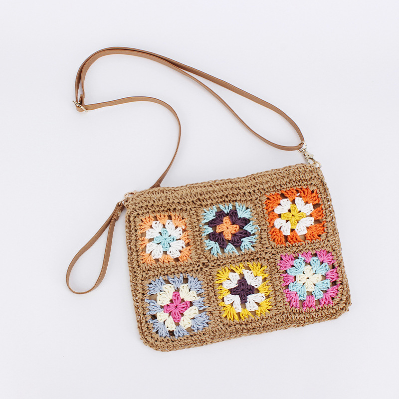 复古花朵纸绳手工编织包手拎斜挎两用纸绳编包翻盖民族风沙滩女包