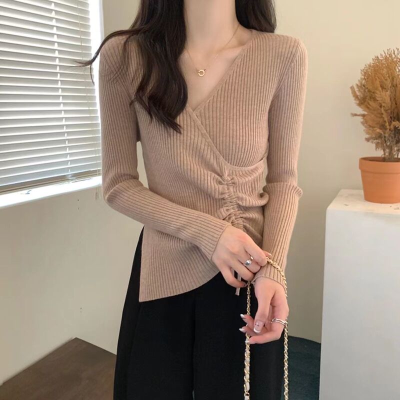 秋冬新款纯欲v领长袖针织打底衫毛衣女内搭设计感抽绳修身上衣潮|undefined