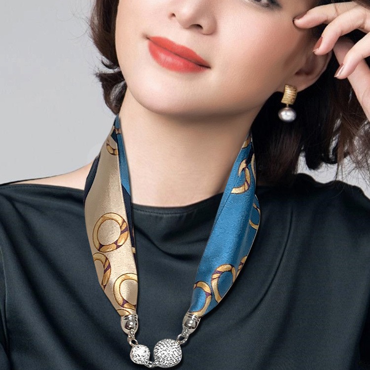 磁扣丝巾夏项链懒人围巾吊坠薄款围脖发带护颈锁骨珍珠小领巾国风