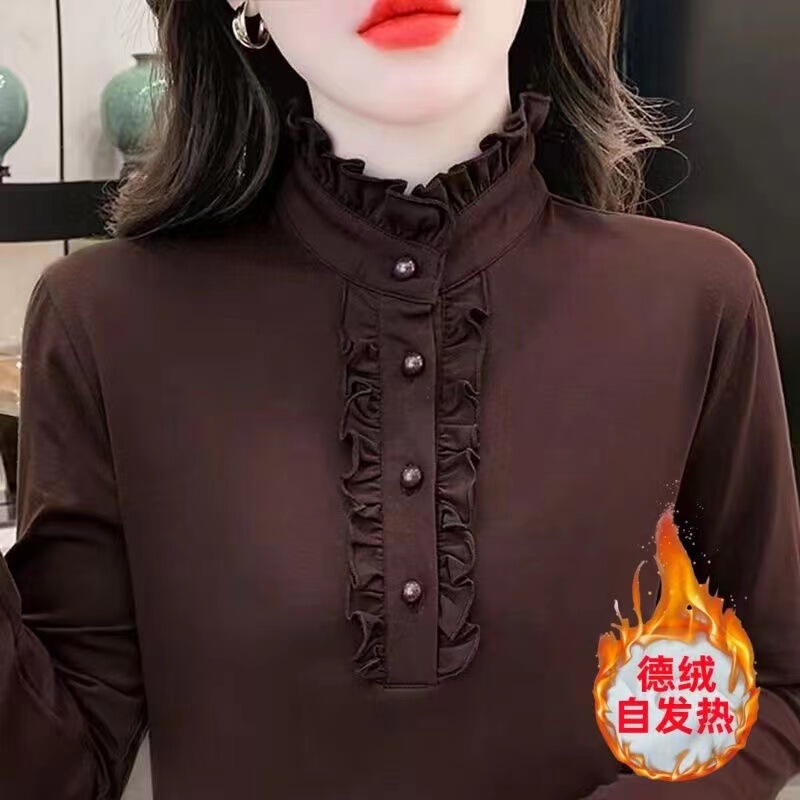 Autumn and winter high-end temperament wood-ear edge velvet base shirt women's mother dress close-fitting inner warm long-sleeved top women's