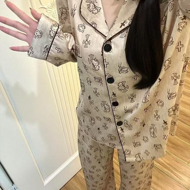Pijamas al por mayor transfronterizos de mujeres pantalones de manga larga primavera y otoño seda de hielo nuevo encaje de otoño ropa casera casual
