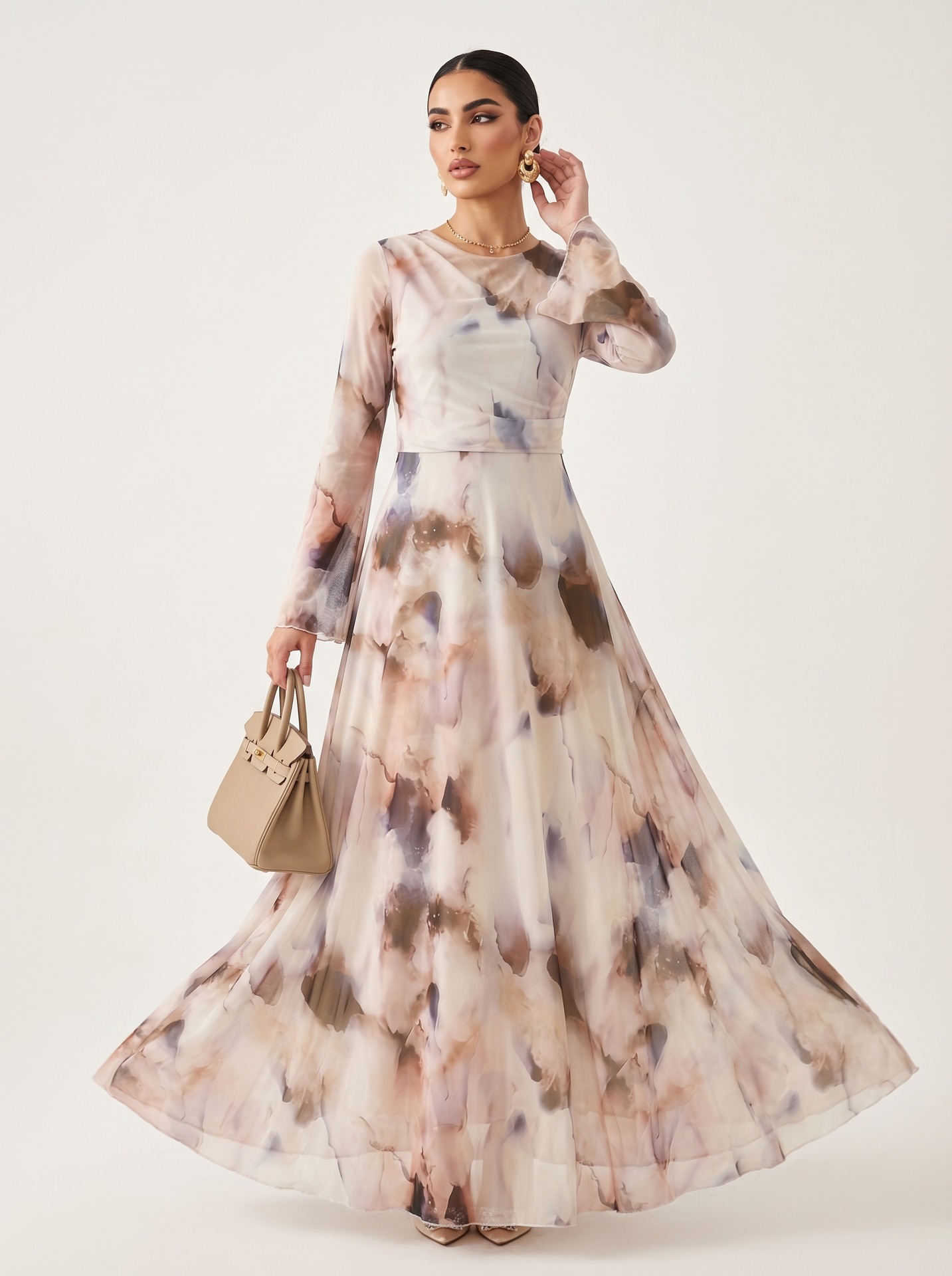 Elegant Floral Print Flared Sleeve Maxi Dress For Women, A-Line Boho Chic Long Dress With Soft Fabric_ecoleips.com