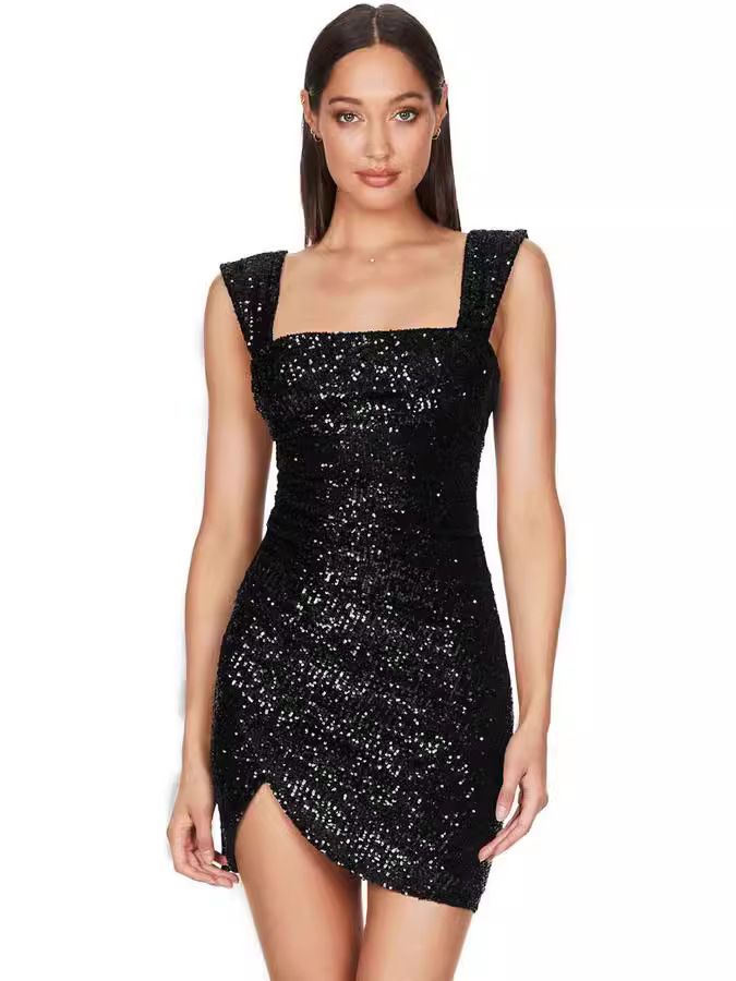 2025 primavera y verano nueva moda transfronteriza cuello cuadrado sexy liguero cadera lentejuelas vestido europeo y americano vestido de noche de cintura media